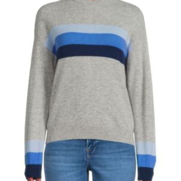Amicale's Women's Cashmere Crewneck With Stripe,Blue - Blue / XL - Picture 2 of 3